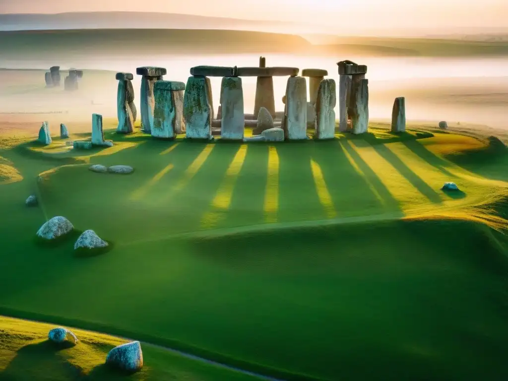 Vista aérea detallada de Stonehenge al amanecer, revelando su misterioso Calendario astronómico