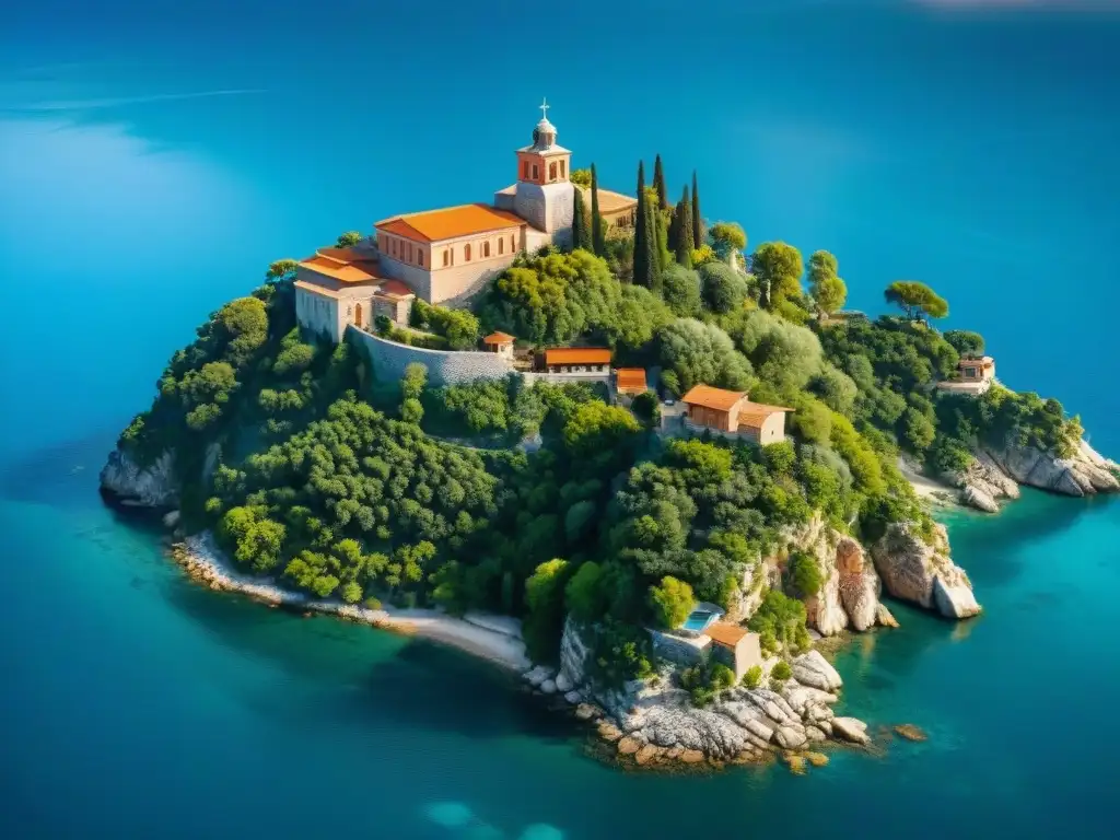 Vista aérea detallada de los monasterios en Monte Athos entre exuberante vegetación y desafiante restauración