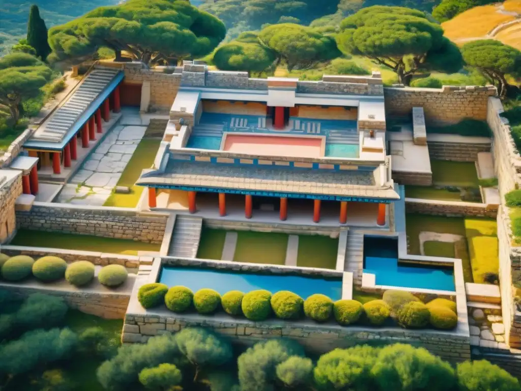 Vista aérea detallada del Palacio de Knossos en Creta, destacando su complejidad arquitectónica y la influencia en juegos