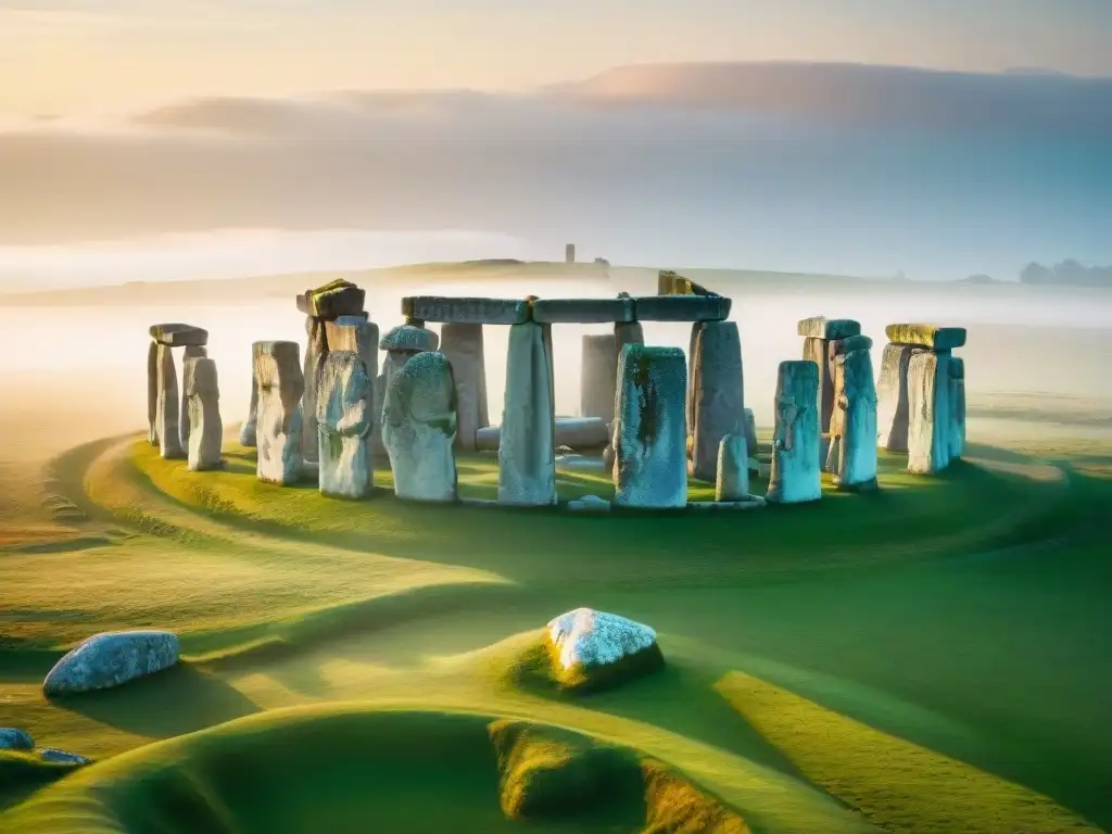 Vista aérea detallada de Stonehenge al amanecer, con piedras megalíticas silueteadas en un cielo colorido y misterioso