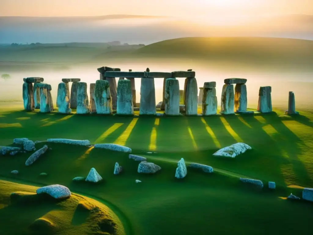 Vista aérea detallada de Stonehenge en equinoccio, alineación de piedras con el sol naciente y sombras largas en el sitio antiguo