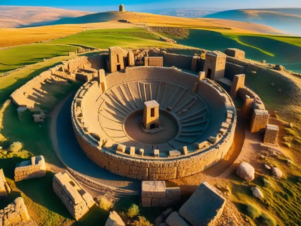 Vista aérea detallada de Göbekli Tepe, destacando pilares y grabados en paisaje antiguo bajo cielo azul