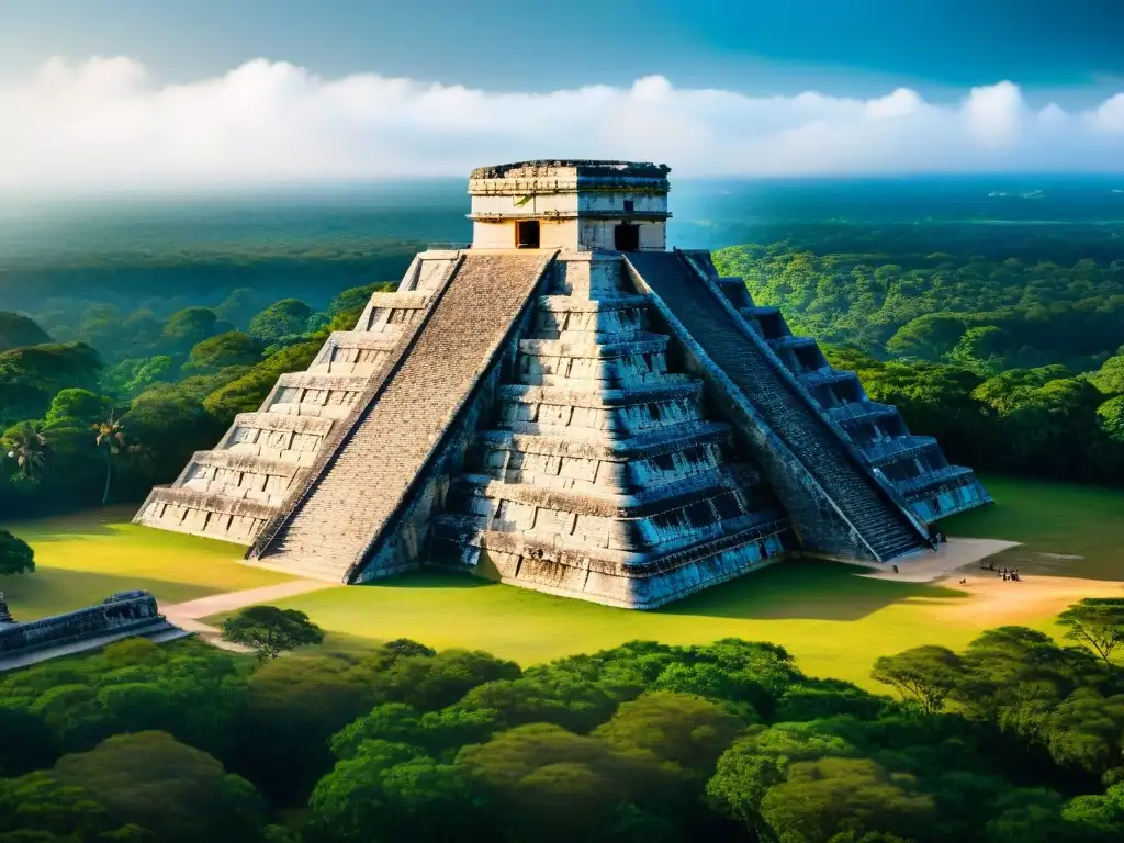 Vista aérea detallada de la pirámide maya de Chichen Itza rodeada de jungla exuberante