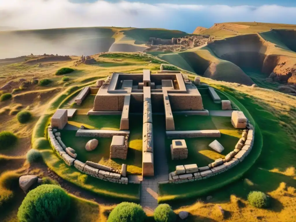 Vista aérea detallada de la restauración del Templo Gobekli Tepe, con pilares y tallados en piedra