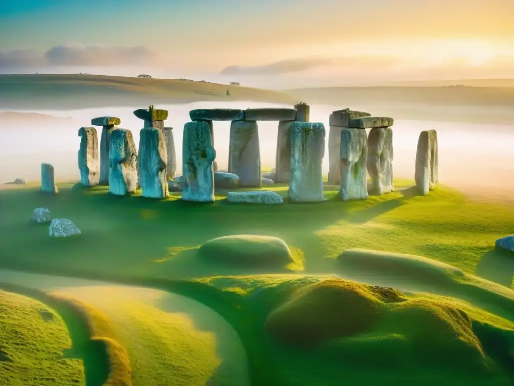 Vista aérea detallada de Stonehenge al amanecer, rodeado de neblina mística