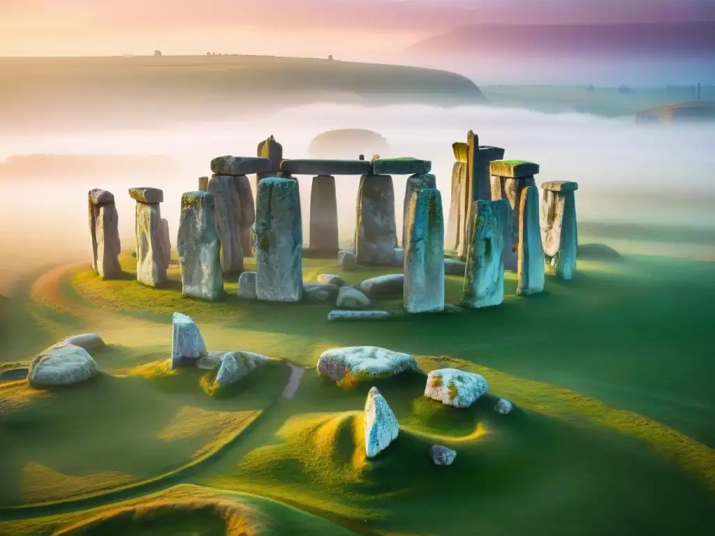 Vista aérea detallada de Stonehenge al amanecer, rodeado de neblina mística y cielos coloridos