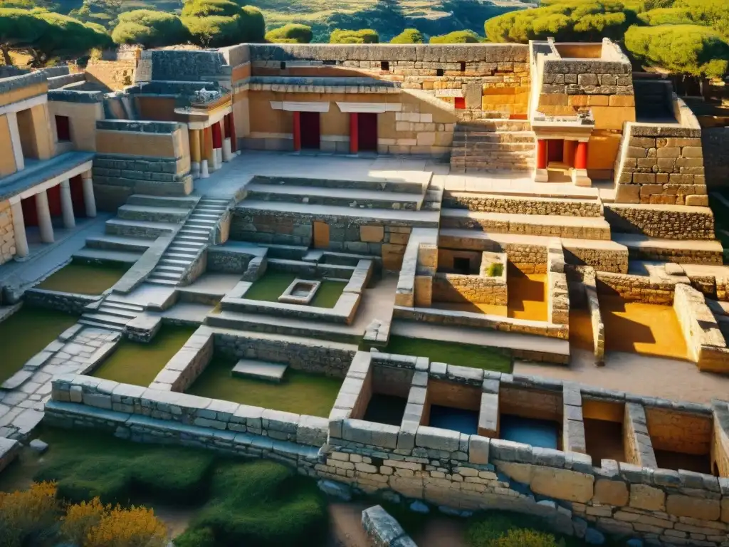 Vista aérea detallada de las ruinas antiguas de Knossos en Creta, destacando el laberinto del Minotauro que inspiró mitos y leyendas
