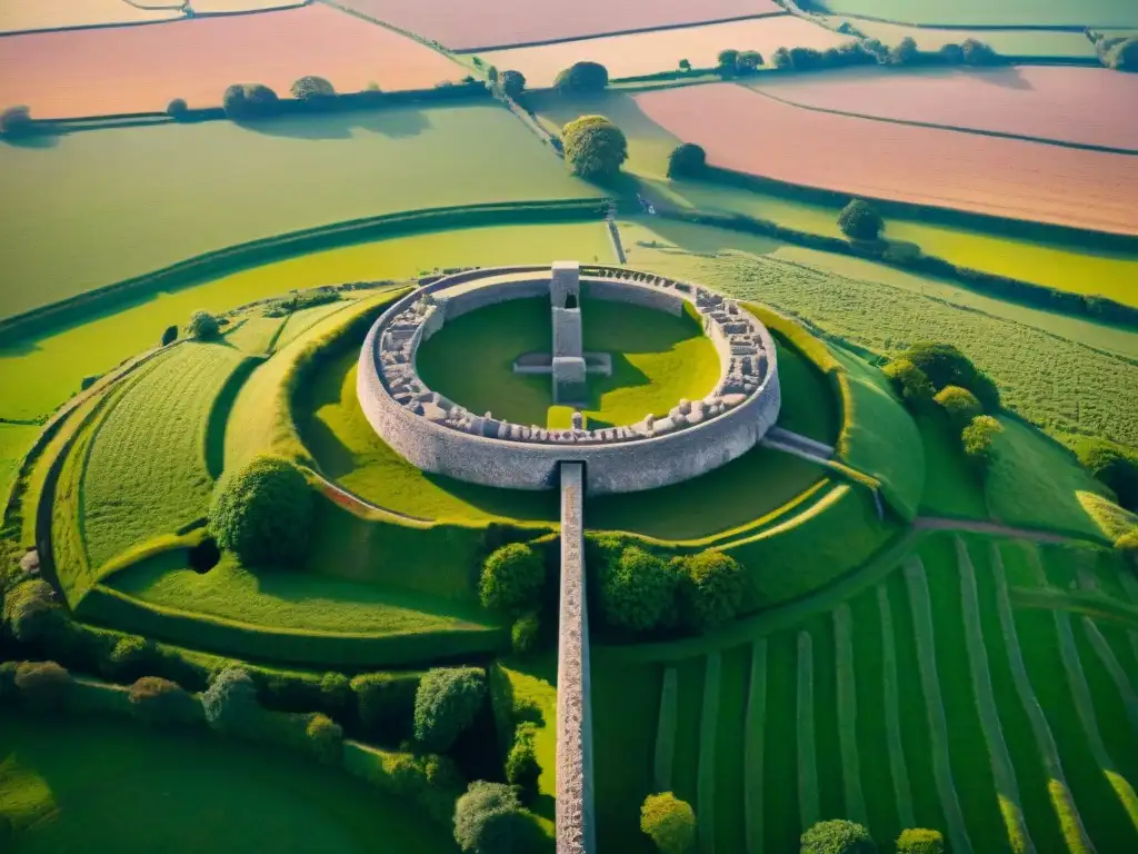 Vista aérea detallada del Templo solar antiguo en Irlanda, destacando sus misteriosas piedras talladas y paisaje circundante