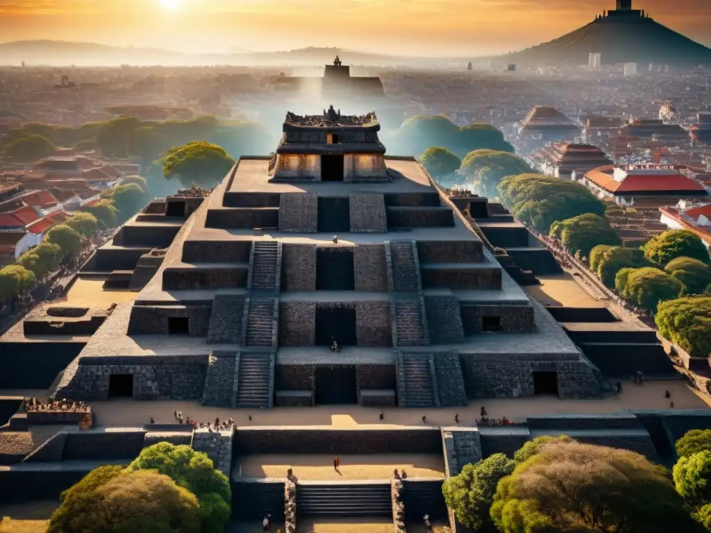 Vista aérea detallada de Templo Mayor en Ciudad de México, combinando historia y eclipse, mostrando la conexión entre astronomía y rituales aztecas