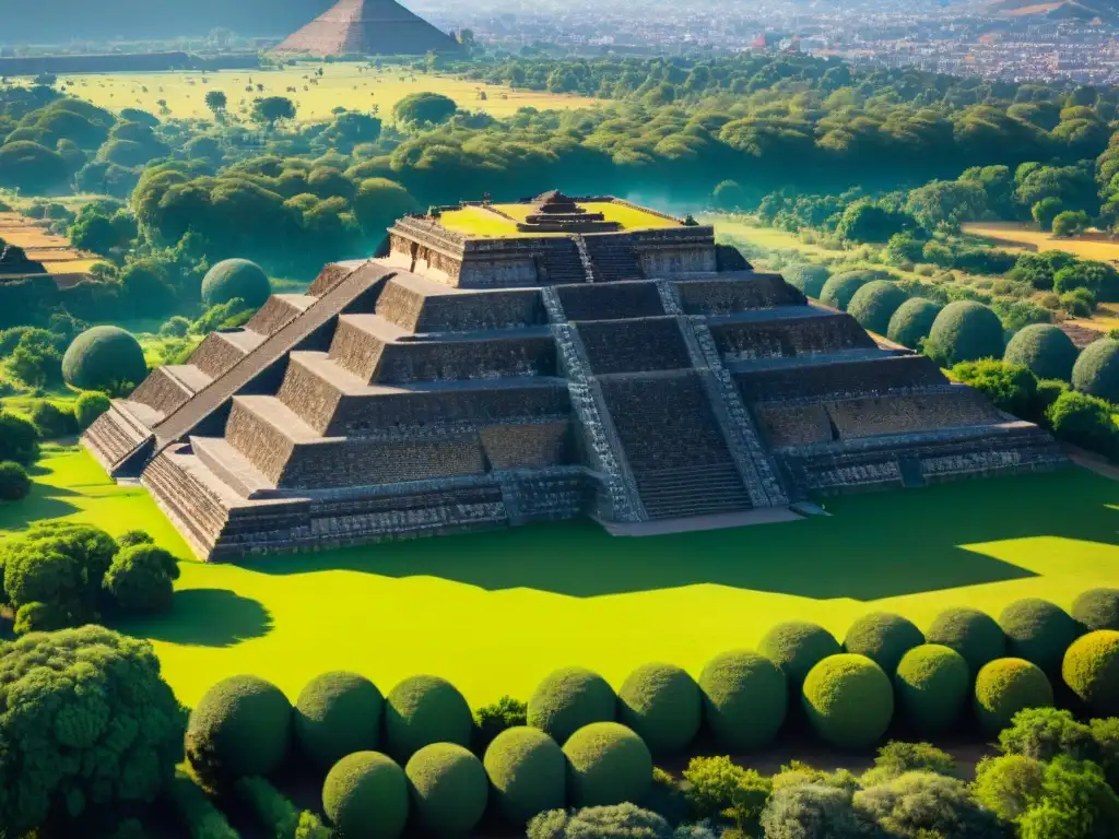 Vista aérea detallada de Teotihuacán, mostrando la Pirámide del Sol y la Calzada de los Muertos en un día claro