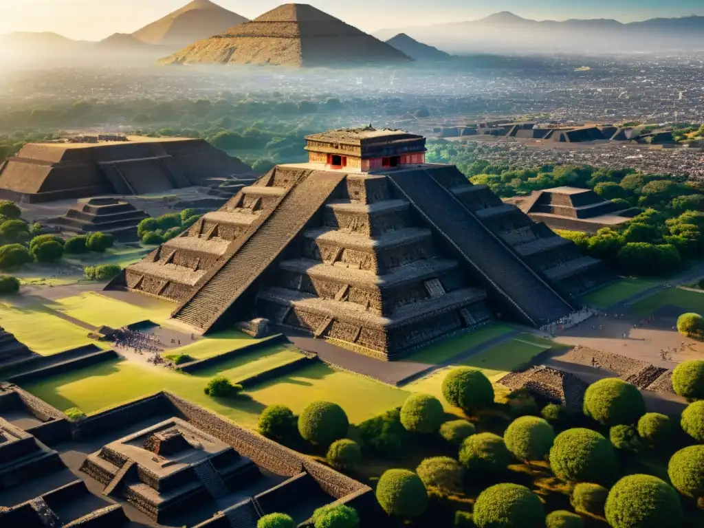 Vista aérea detallada de Teotihuacán con las Pirámides del Sol y la Luna, resaltando la magnificencia y misterio de la ciudad