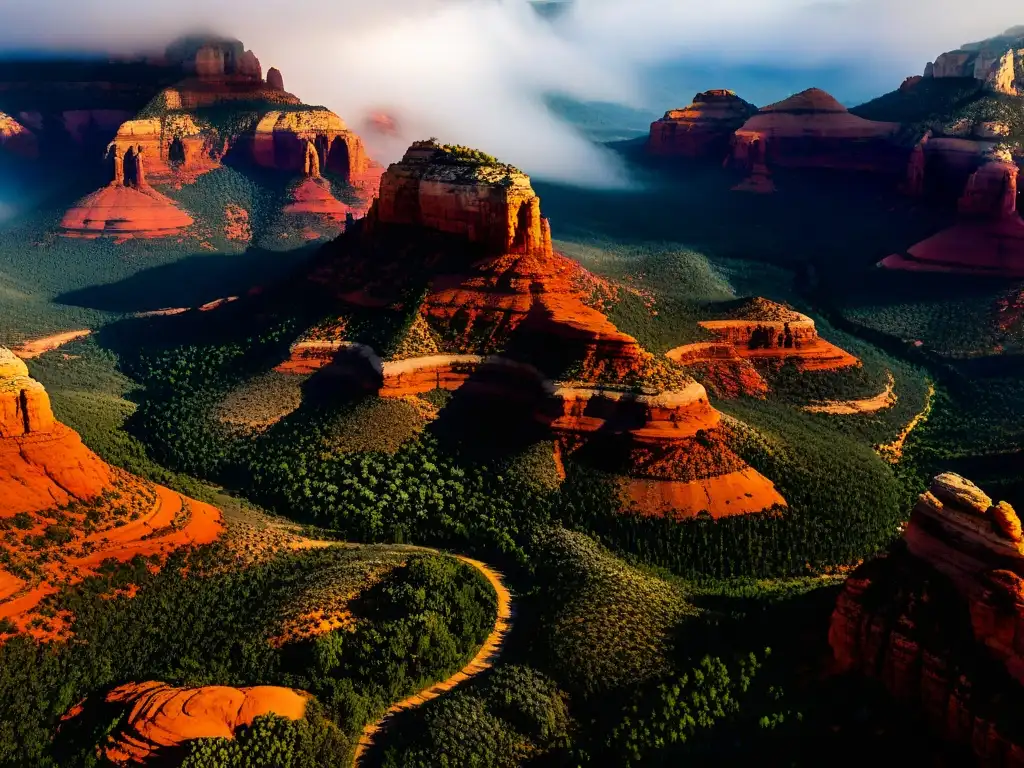 Vista aérea detallada de los Vórtices de Sedona en Arizona, con sus formaciones rocosas y vegetación exuberante