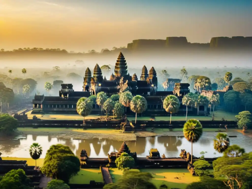 Vista aérea de Angkor Wat al amanecer, destacando detalles arquitectónicos y la conexión astronómica Angkor Wat