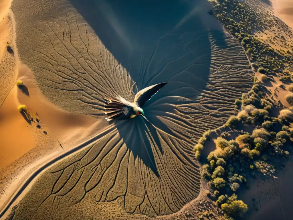 Vista aérea de los enigmáticos y extensos geoglifos de las Líneas de Nazca, resaltando su precisión geométrica y escala