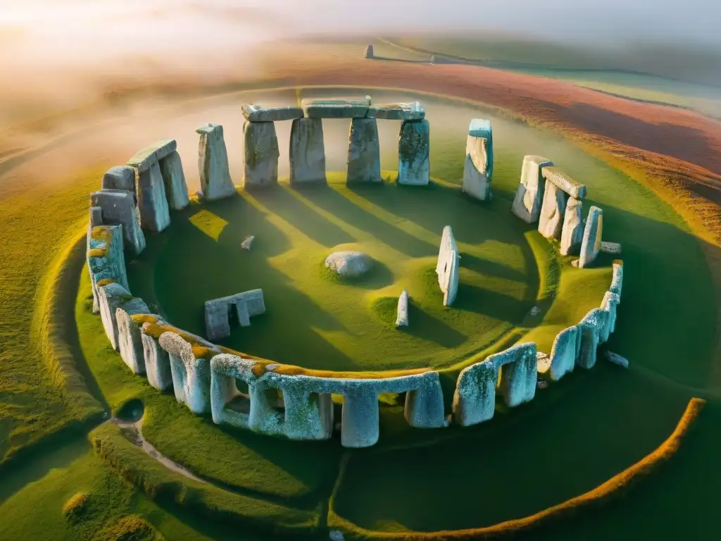 Vista aérea de Stonehenge en el equinoccio de otoño: la conjunción mágica de piedras ancestrales y el brillo dorado del sol