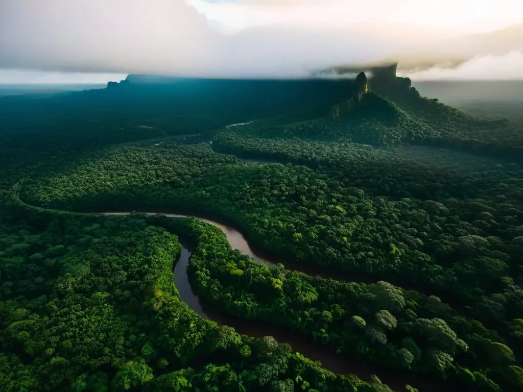 Vista aérea de la exuberante selva amazónica con ríos brillantes, evocando la mística de La Ciudad de Oro misteriosa