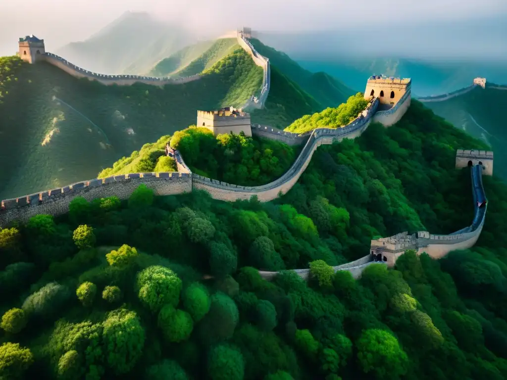 Vista aérea de la Gran Muralla China en terreno montañoso, resaltando su escala y detalles de construcción