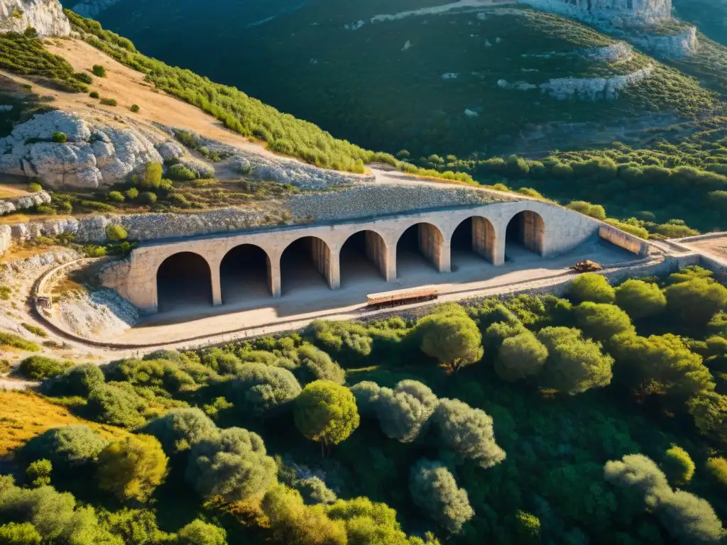 Vista aérea impresionante de las antiguas minas de plata de Laurion en Atenas, mostrando la red de túneles y trabajadores