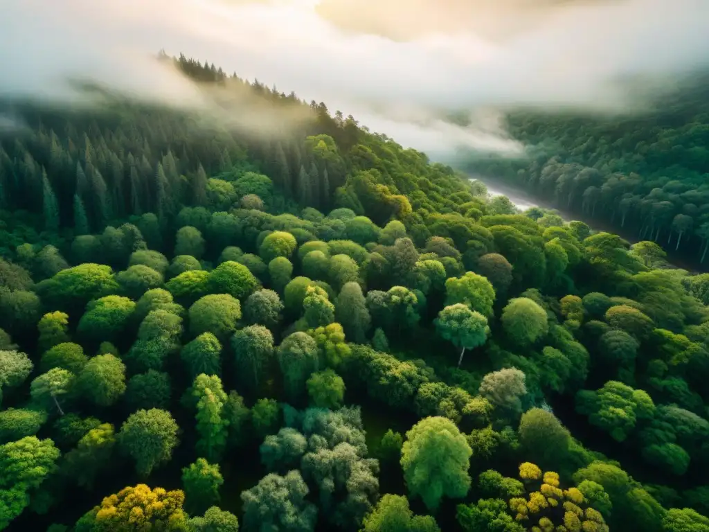 Vista aérea impresionante de un antiguo bosque exuberante, con la luz dorada filtrándose a través de la densa vegetación