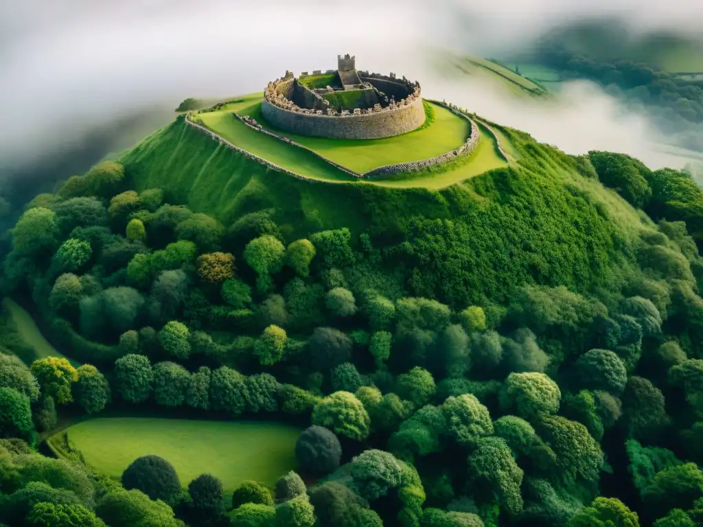 Vista aérea impresionante de una fortaleza celta en un entorno natural, destacando la ingeniería defensiva de los castros celtas