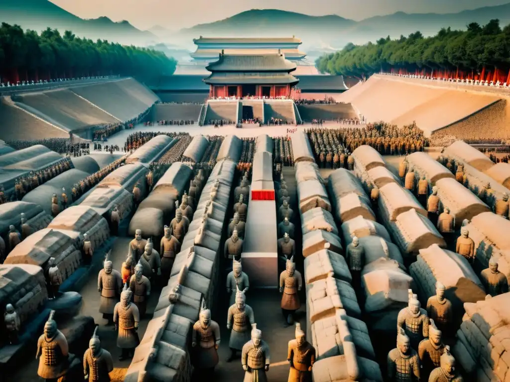 Una vista aérea impresionante del Mausoleo del Primer Emperador Qin en Xi'an, China, con los Guerreros de Terracota en formación