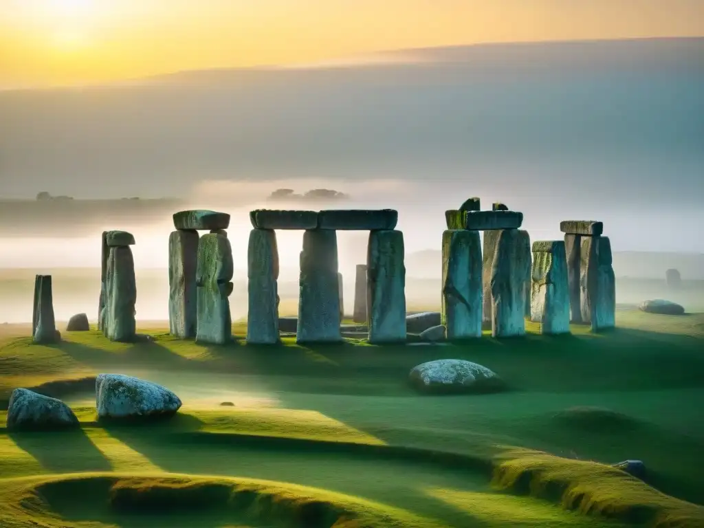 Vista aérea impresionante de Stonehenge en la neblina matutina, con el sol dorado de fondo