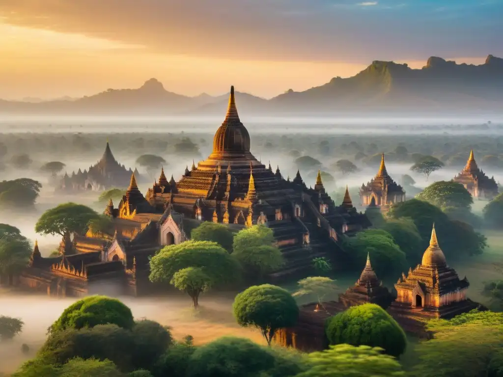 Vista aérea impresionante de las pagodas de Bagan en Myanmar al amanecer, con la luz dorada iluminando la llanura de templos antiguos