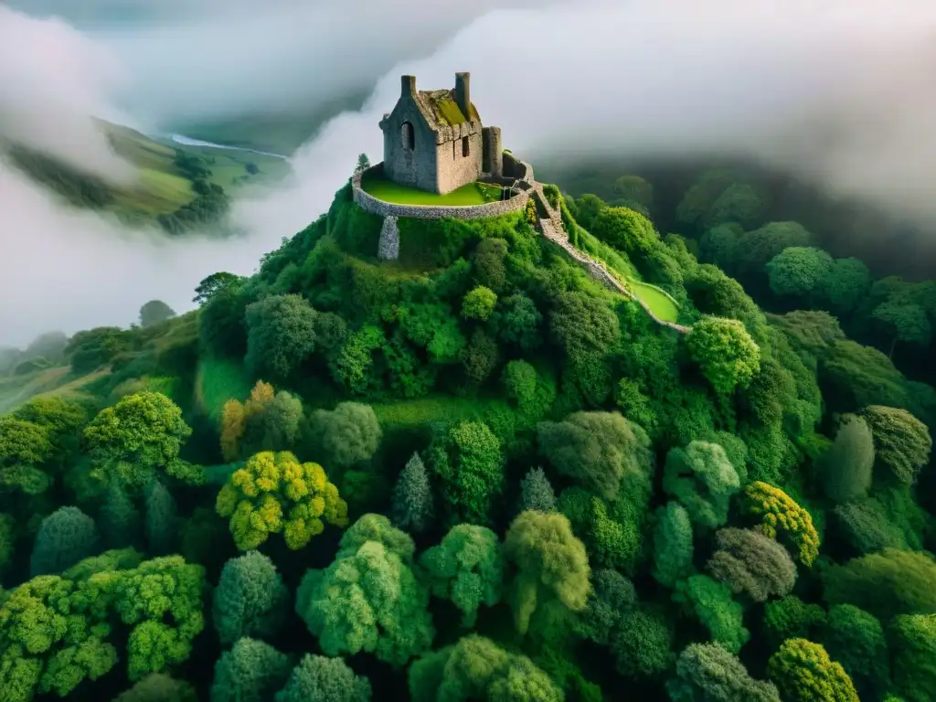 Vista aérea impresionante de paisajes verdes celtas con ríos sinuosos, bosques densos y niebla mística alrededor de ruinas antiguas