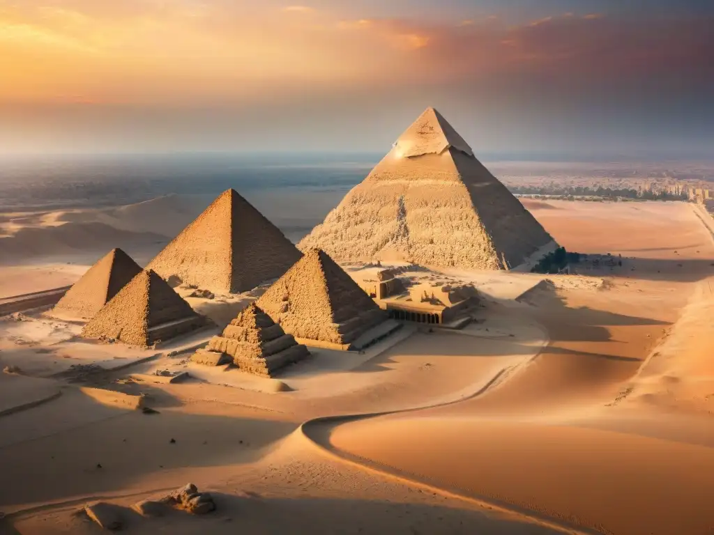 Vista aérea impresionante de las Pirámides de Giza al atardecer, revelando la majestuosidad de los faraones