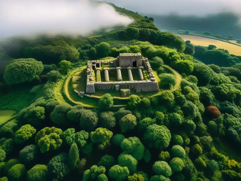 Vista aérea impresionante de ruinas celtas en la península ibérica rodeadas de exuberante vegetación