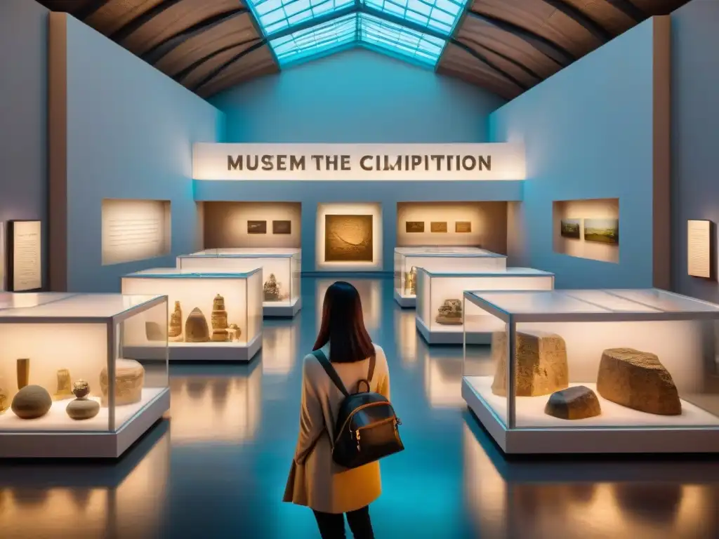 Una vista aérea impresionante de una sala de exposiciones de museo llena de artefactos antiguos de varias civilizaciones