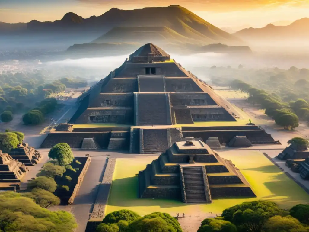 Vista aérea impresionante de Teotihuacán al amanecer con las pirámides del Sol y la Luna entre la niebla