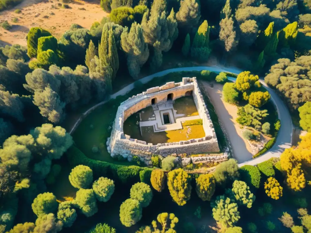 Vista aérea de la impresionante Tumba de los Reyes en Chipre, envuelta en vegetación exuberante y bañada por la cálida luz mediterránea