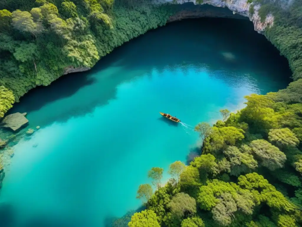 Vista aérea de jungla exuberante con cenote turquesa, significado cenotes mayas espiritual