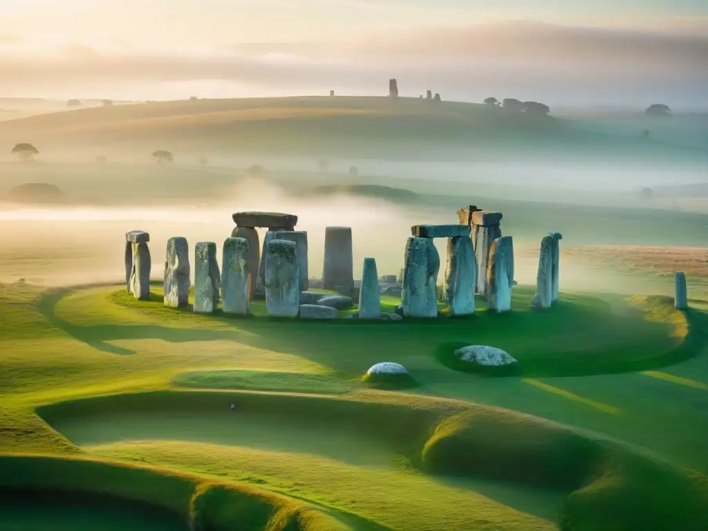 Vista aérea de Stonehenge al amanecer en la Llanura de Salisbury, mostrando la misteriosa atmósfera de este sitio arqueológico icónico