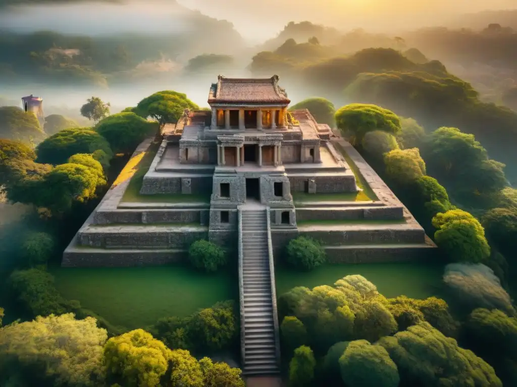 Vista aérea majestuosa de un sitio arqueológico antiguo al atardecer, con estructuras de piedra y vegetación exuberante