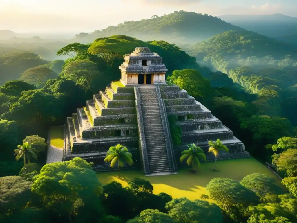 Vista aérea de los misterios de Palenque, civilización maya, entre la exuberante selva