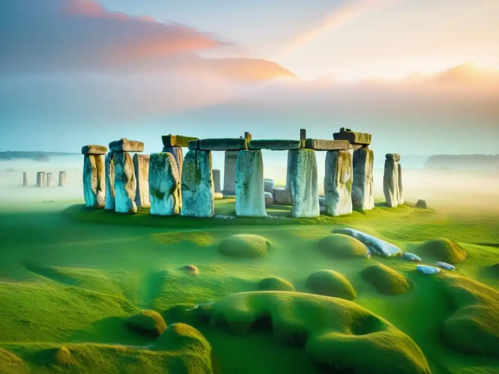 Vista aérea de Stonehenge al amanecer: misterios megalitos civilizaciones antiguas