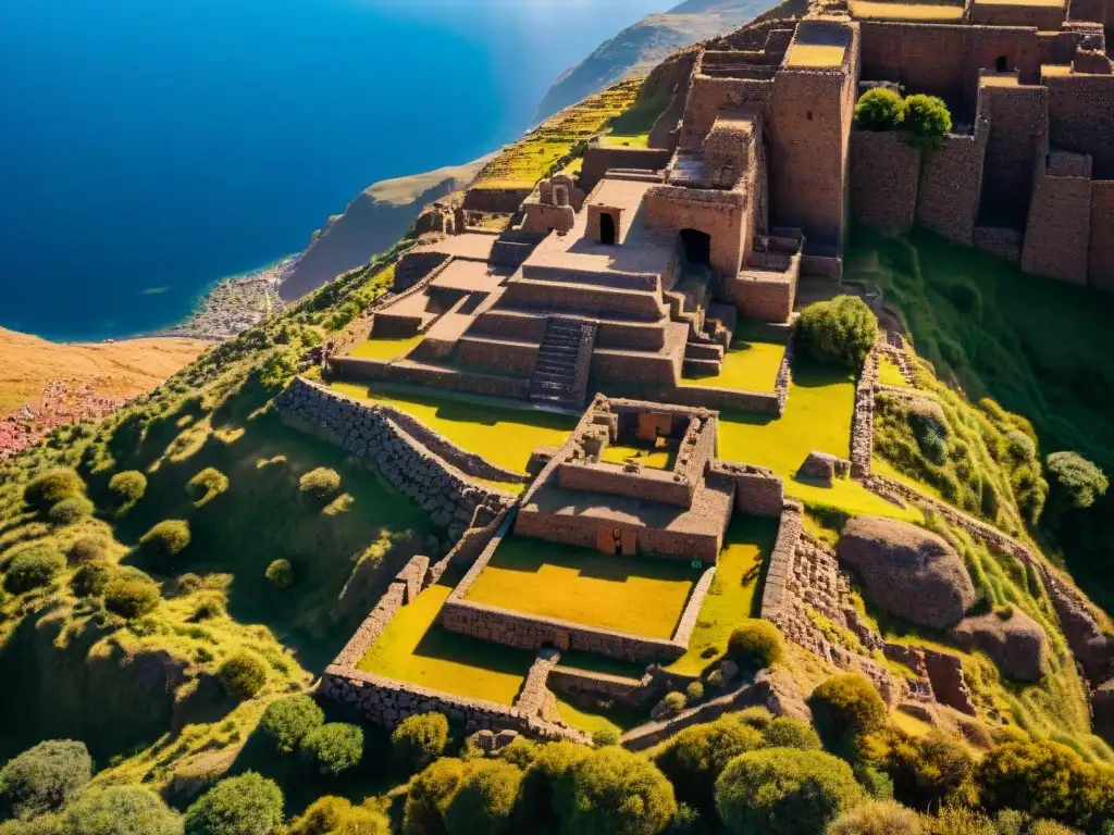 Vista aérea de alta resolución de los misterios de Tiahuanaco en Titicaca, revelando ruinas antiguas y la belleza enigmática del sitio arqueológico