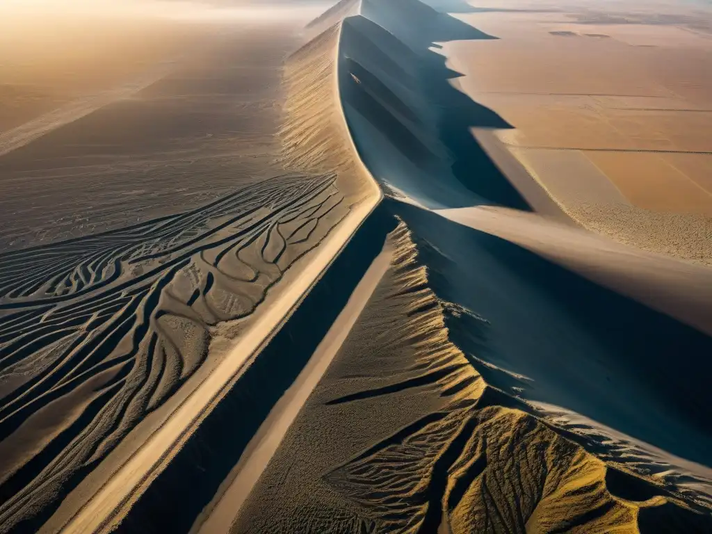 Vista aérea de las misteriosas y significativas Líneas de Nazca en Perú, con sus figuras geométricas y animales grabados en la arena