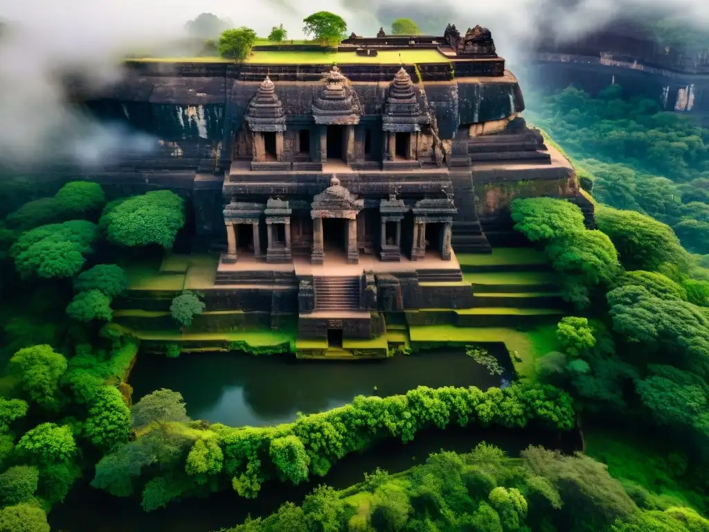 Vista aérea de los misteriosos templos rupestres de India en las cuevas de Ellora, con arquitectura detallada y paisaje verde exuberante