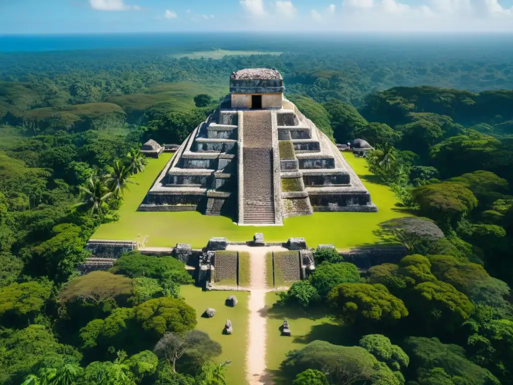 Vista aérea de los misteriosos Xibalbá, con pirámides y senderos en la selva, bajo cielo azul