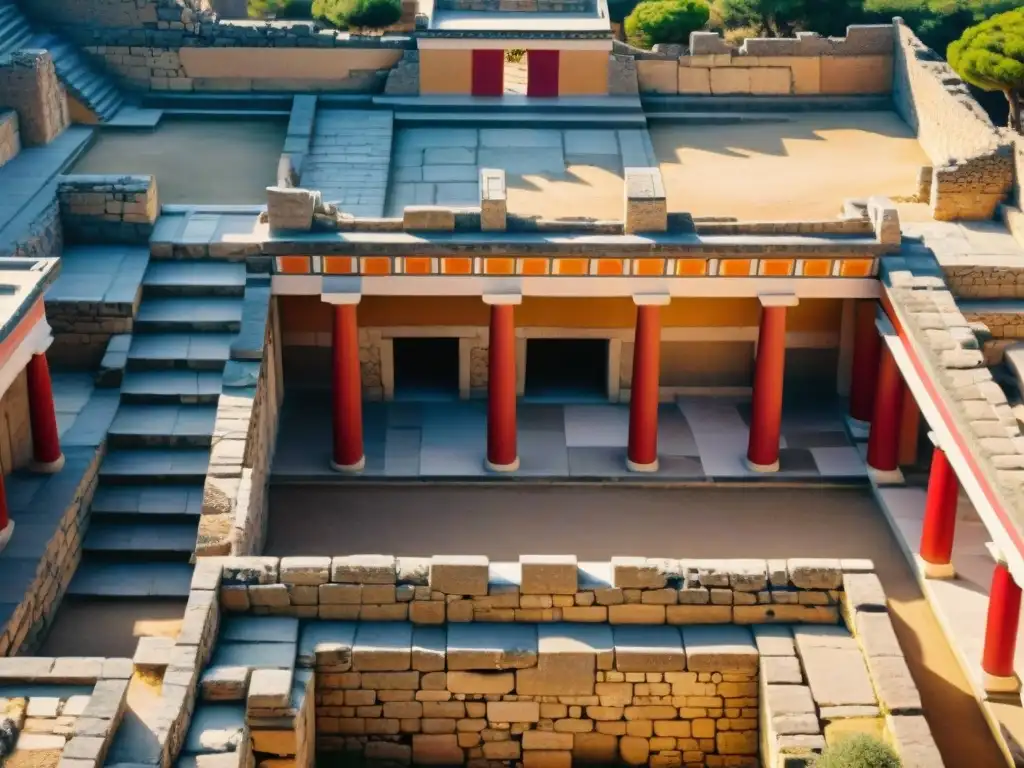 Vista aérea de las ruinas de Knossos en Creta, revelando el laberíntico diseño del antiguo palacio