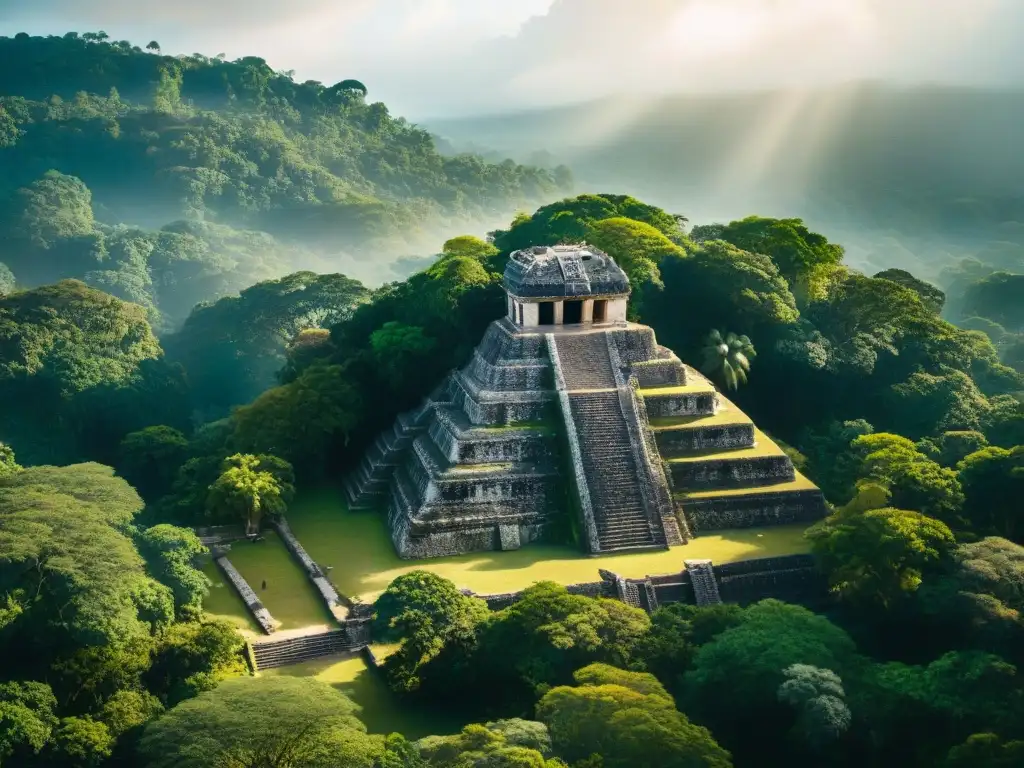 Vista aérea de ruinas mayas en Palenque rodeadas de exuberante selva, con sombras dramáticas resaltando detalles arquitectónicos