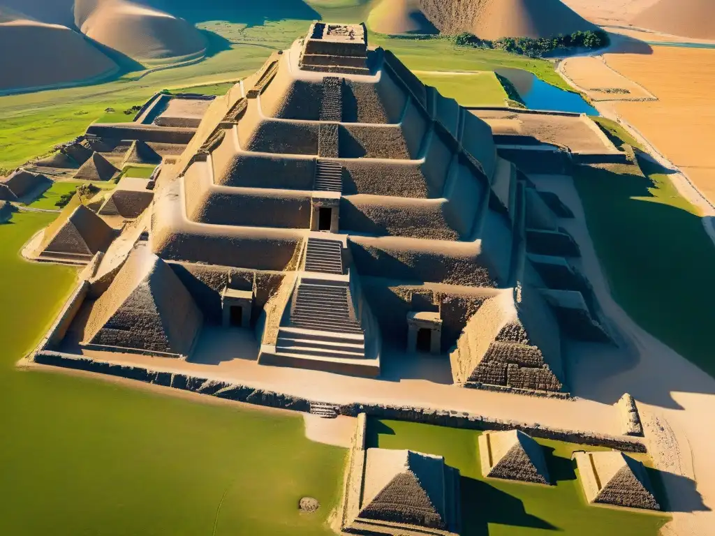 Vista aérea de los templos olvidados de la antigua civilización de Caral, con sus estructuras piramidales y grabados en piedra