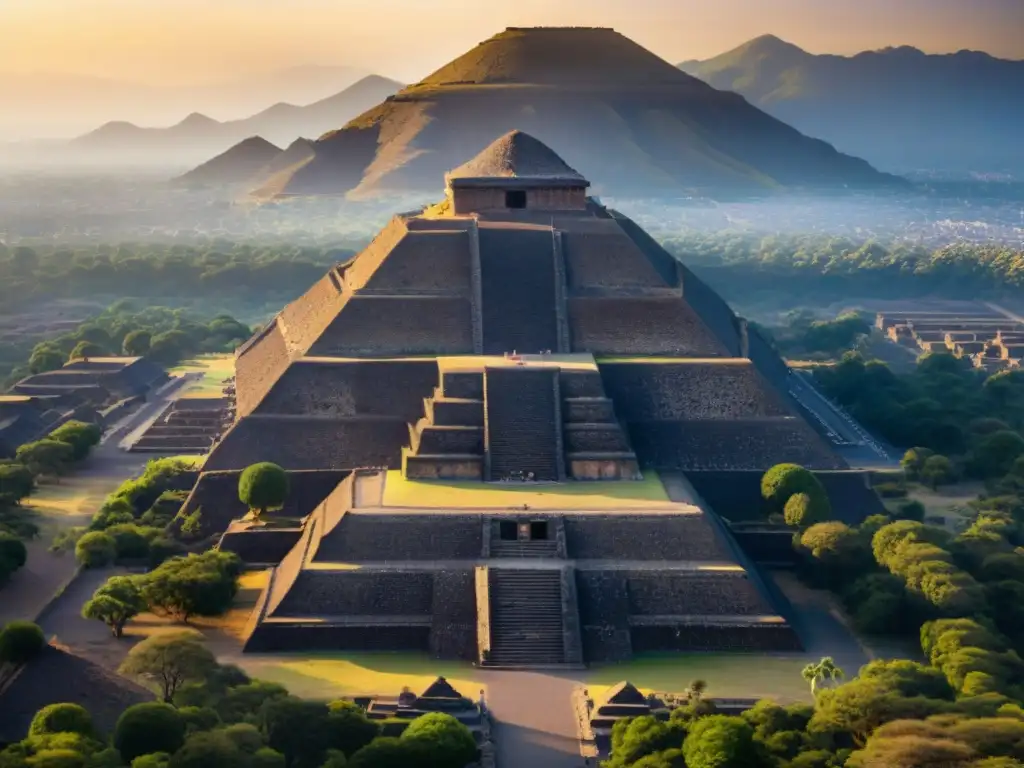 Vista aérea de Teotihuacán al atardecer, revelando la majestuosidad de las pirámides al sol poniente