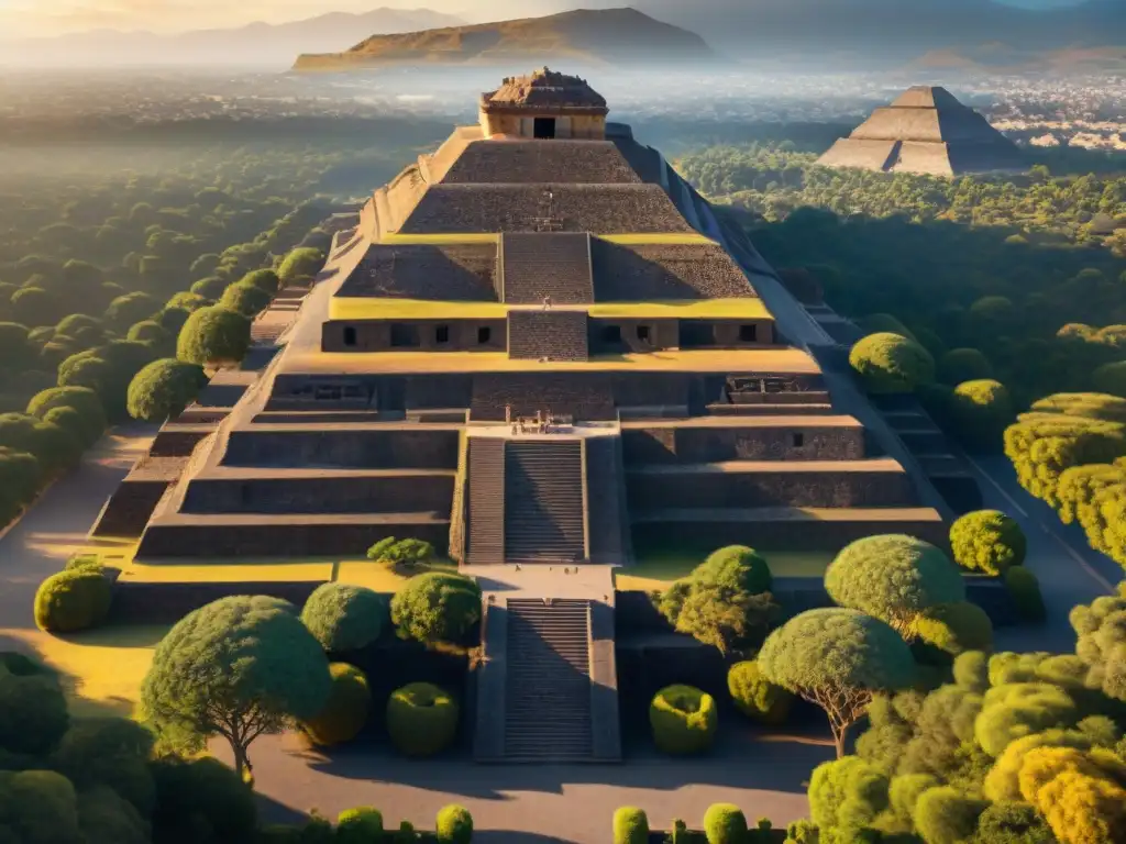 Vista aérea de Teotihuacán al amanecer, mostrando la majestuosa Pirámide del Sol y la Pirámide de la Luna entre templos y palacios