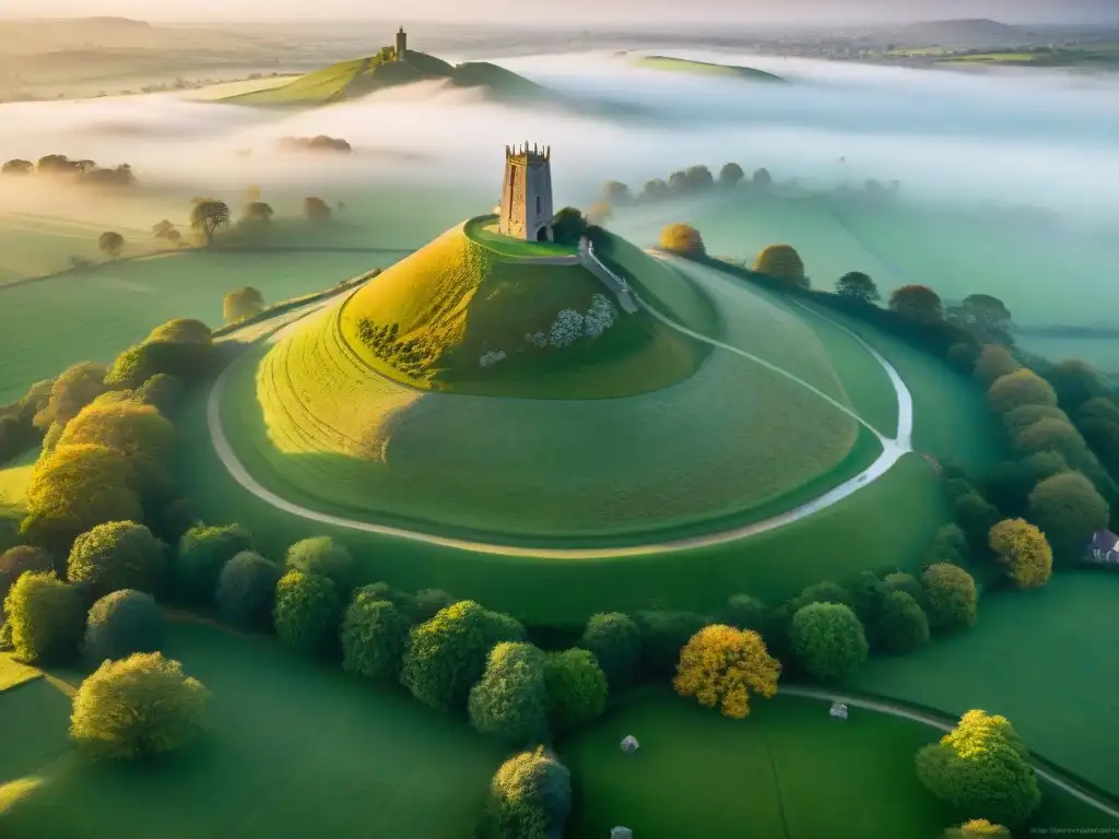 Vista aérea de Glastonbury Tor, con la Torre de San Miguel en la cima, bañada por el sol matutino