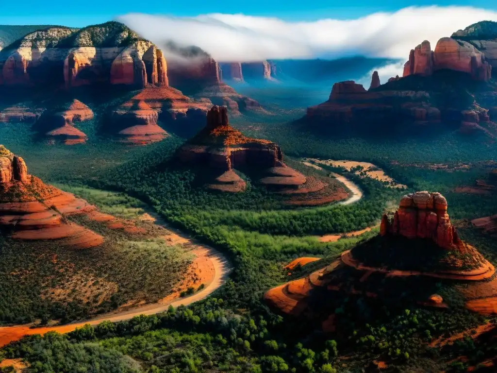 Vista aérea de los vórtices energéticos de Sedona, mostrando su belleza mística y conexión espiritual con el alma