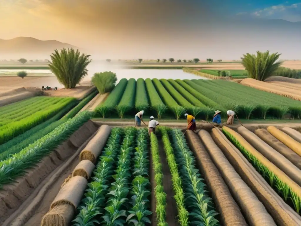 Vista detallada de agricultores mesopotámicos innovando en tierras fértiles junto al río Tigris y Éufrates, con un imponente zigurat de fondo